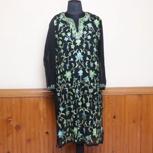 All Over Aari Work Black Georgette Long Kurti from Srinagar - Gulbanoo Collection