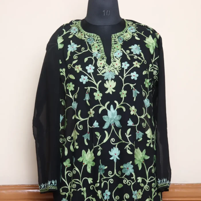 All Over Aari Work Black Georgette Long Kurti from Srinagar - Gulbanoo Collection - Image 2