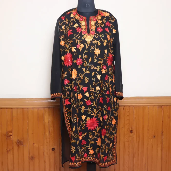 Kashmiri Aari Embroidered Black Georgette Kurti with Full Work - Gulbanoo Collection