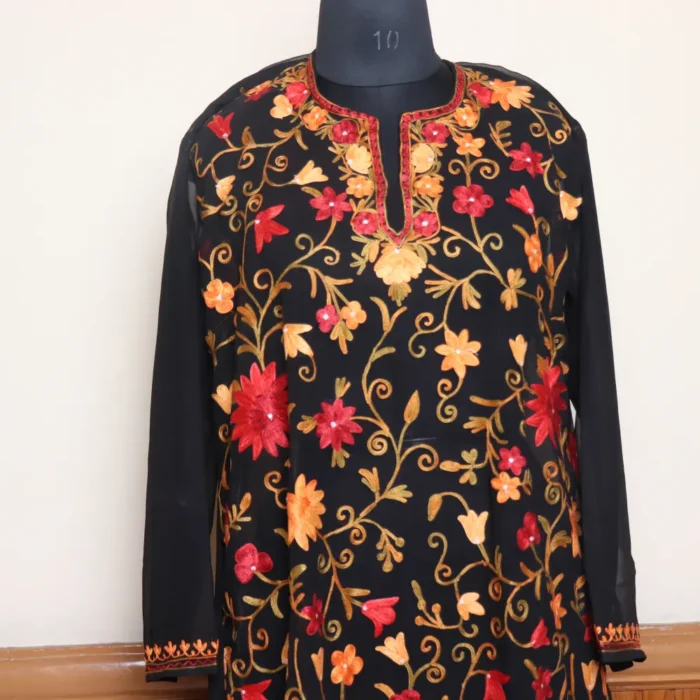 Kashmiri Aari Embroidered Black Georgette Kurti with Full Work - Gulbanoo Collection - Image 2