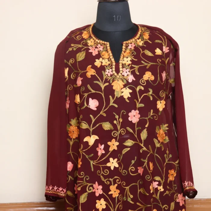 Graceful All Over Aari Worked Wine Georgette Long Kurti from Kashmir - Gulbanoo Collection - Image 2