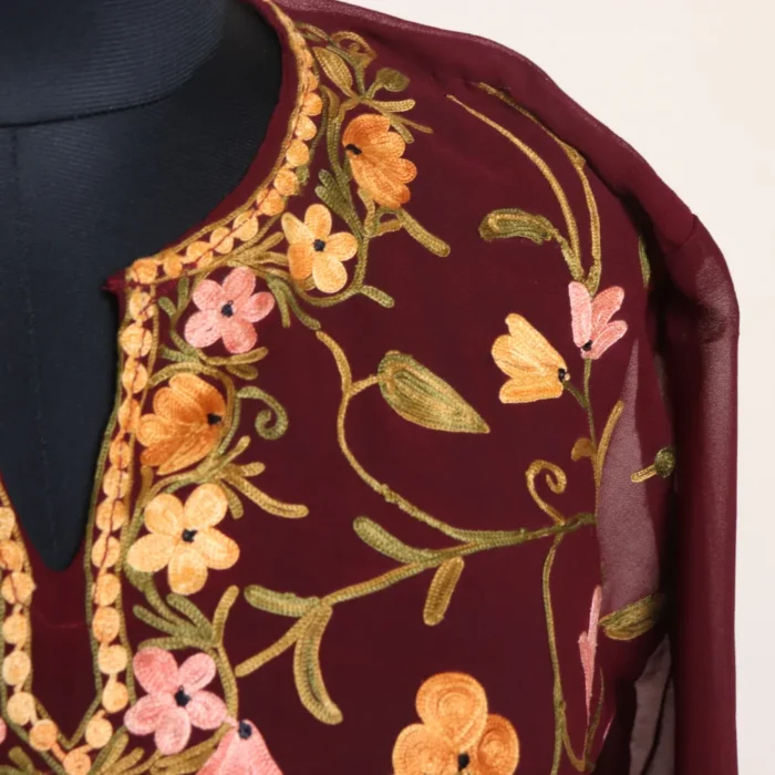 Graceful All Over Aari Worked Wine Georgette Long Kurti from Kashmir - Gulbanoo Collection - Image 3
