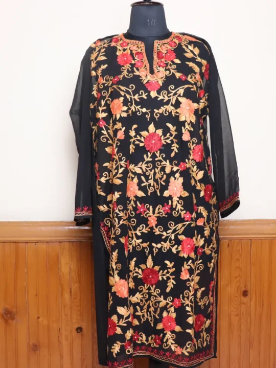 Beautiful Black Kashmiri Georgette Long Kurti with All-Over Aari Design – Gulbanoo Collection