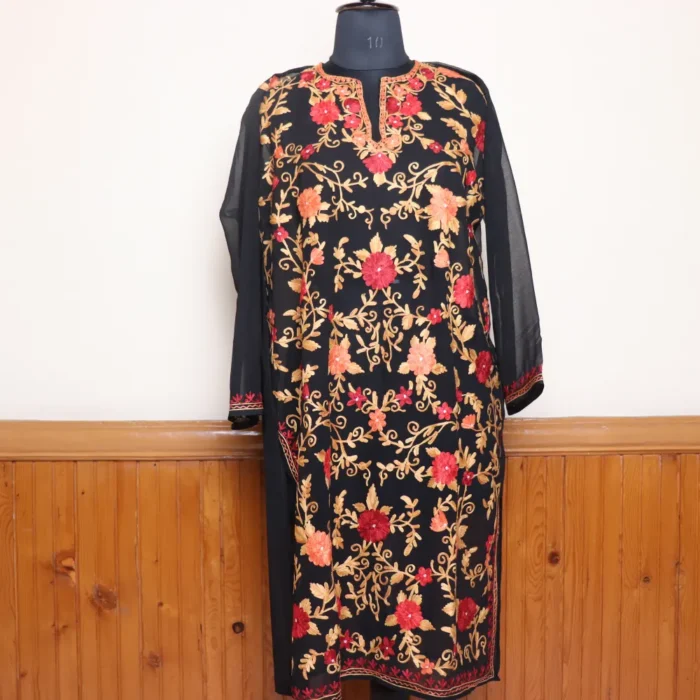 Beautiful Black Kashmiri Georgette Kurti with All-Over Aari Design – Gulbanoo Collection