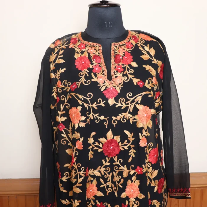 Beautiful Black Kashmiri Georgette Kurti with All-Over Aari Design – Gulbanoo Collection - Image 2