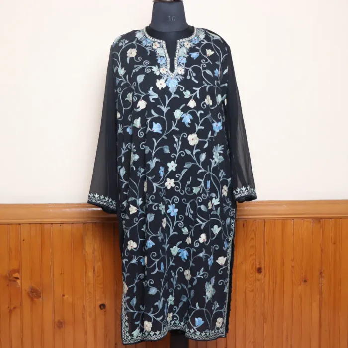Black All Over Aari Embroidered Georgette Kurti from Kashmir – Gulbanoo Collection