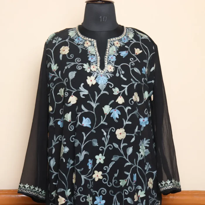 Black All Over Aari Embroidered Georgette Kurti from Kashmir – Gulbanoo Collection - Image 2