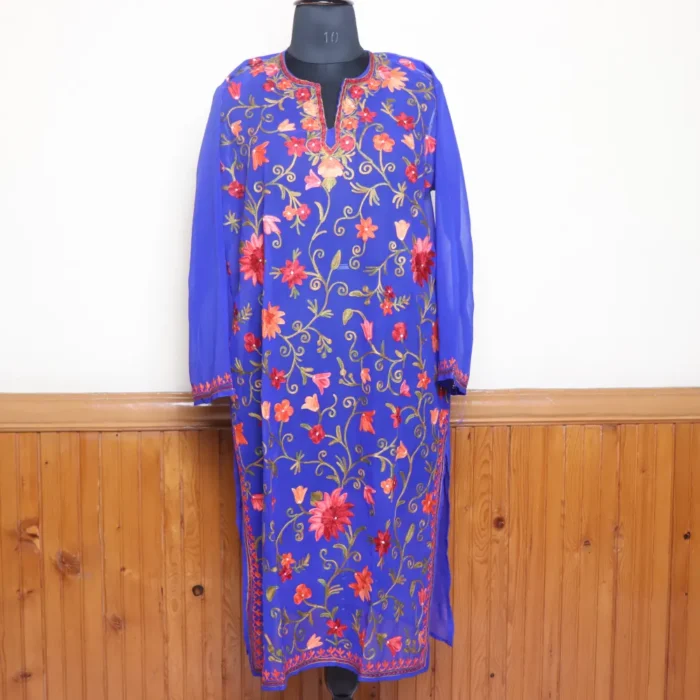 Blue Kashmiri Georgette Kurti with Elegent All Over Aari– Gulbanoo Collection
