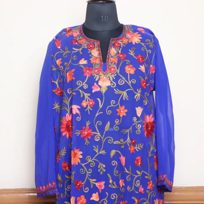 Blue Kashmiri Georgette Kurti with Elegent All Over Aari– Gulbanoo Collection - Image 2