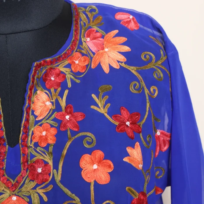 Blue Kashmiri Georgette Kurti with Elegent All Over Aari– Gulbanoo Collection - Image 3
