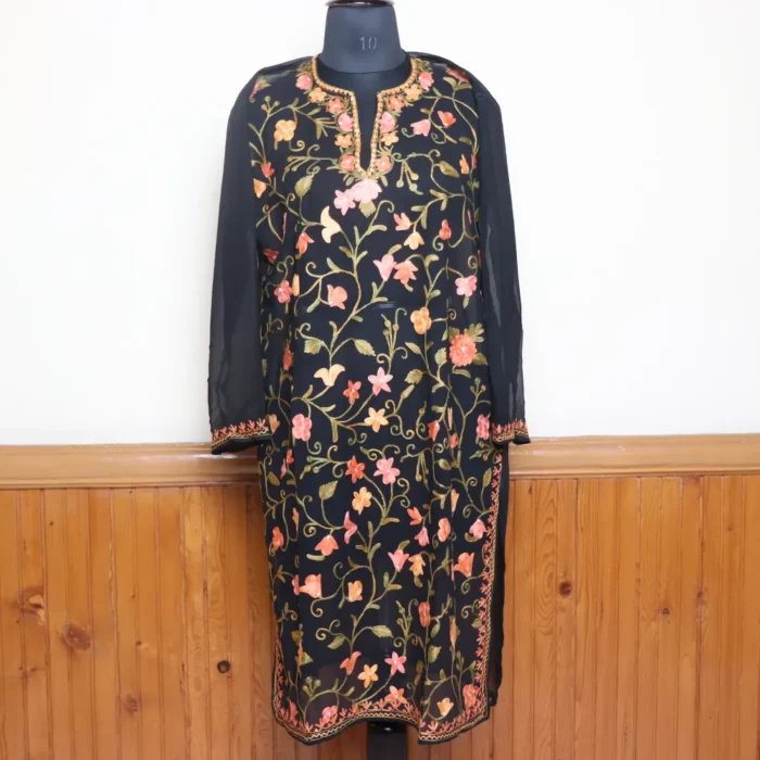 Black All Over Aari Work Georgette Kurti with Kashmiri Elegance – Gulbanoo Collection