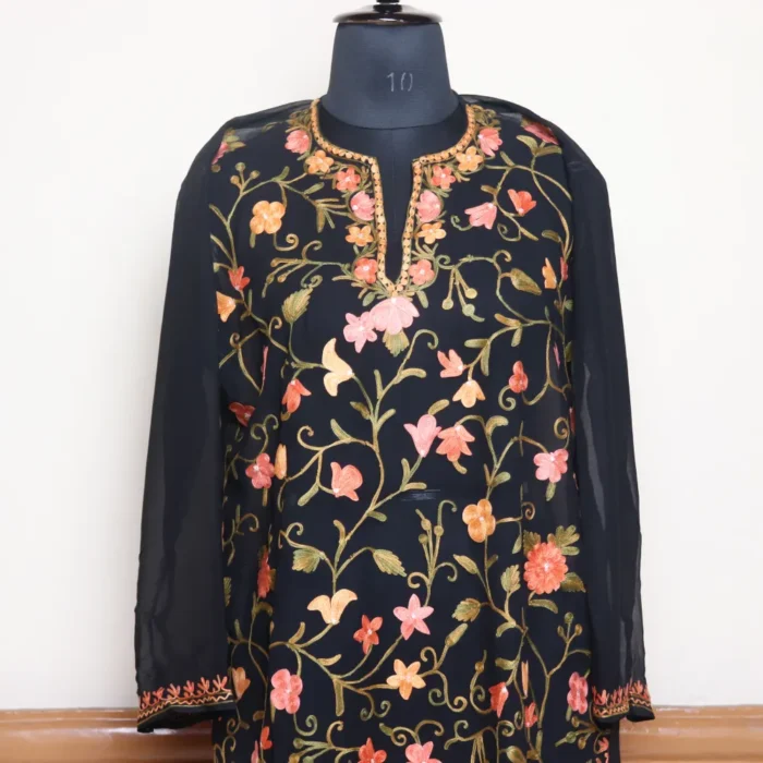 Black All Over Aari Work Georgette Kurti with Kashmiri Elegance – Gulbanoo Collection - Image 2