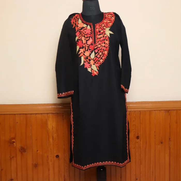 Black Long Ruby Cotton Kurti with Kashmiri Aari Work | Pahalgam Collection - Image 2