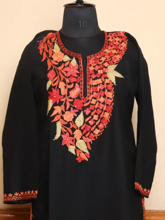 Black Long Ruby Cotton Kurti with Kashmiri Aari Work | Pahalgam Collection