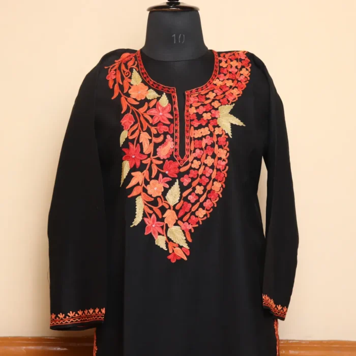 Black Long Ruby Cotton Kurti with Kashmiri Aari Work | Pahalgam Collection