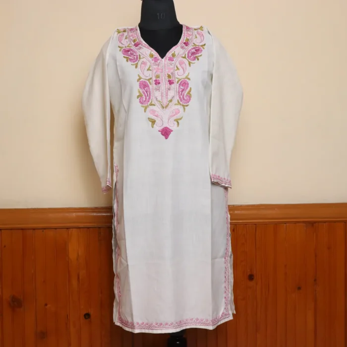 Long Kashmiri White Embroidered Aari Kurti in Ruby Cotton | Pahalgam Collection - Image 2