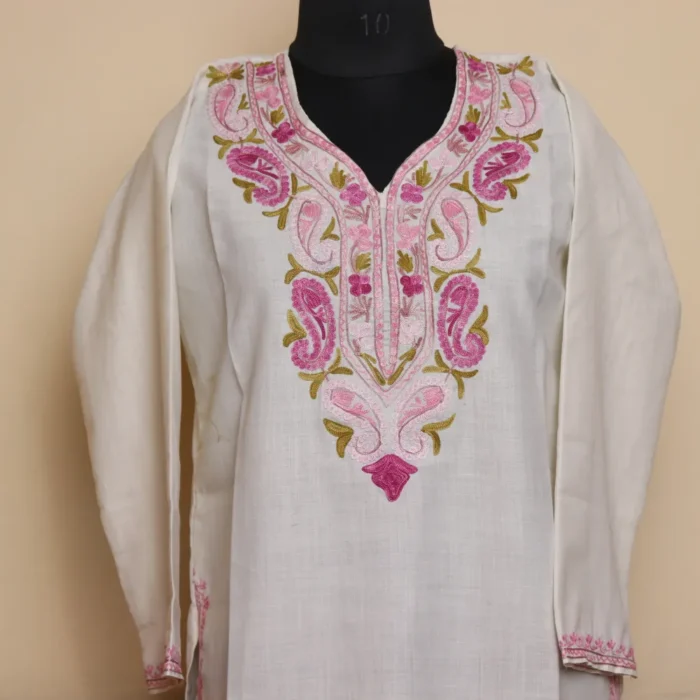 Long Kashmiri White Embroidered Aari Kurti in Ruby Cotton | Pahalgam Collection