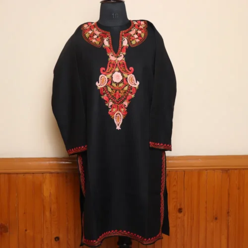 Beautiful Black Cotton Long Kashmiri Kurti in Black with Aari Embroidery | Pahalgam Collection