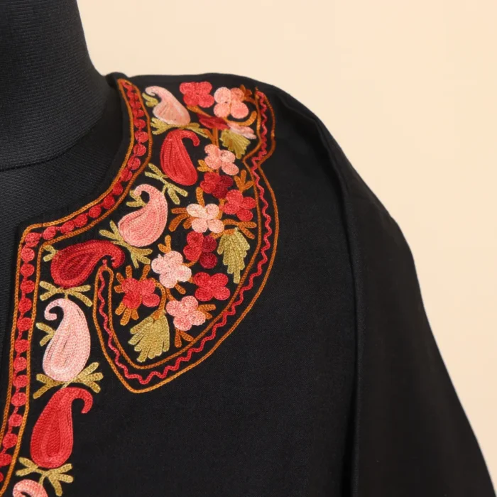 Beautiful Black Cotton Long Kashmiri Kurti in Black with Aari Embroidery | Pahalgam Collection - Image 2