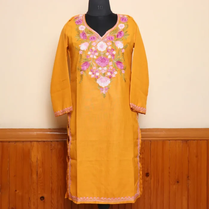 Adorable Mustard Long Kurti from Kashmir in Cotton with Aari Work | Pahalgam Collection - Image 2