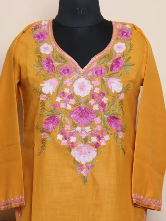 Adorable Mustard Long Kurti from Kashmir in Cotton with Aari Work | Pahalgam Collection