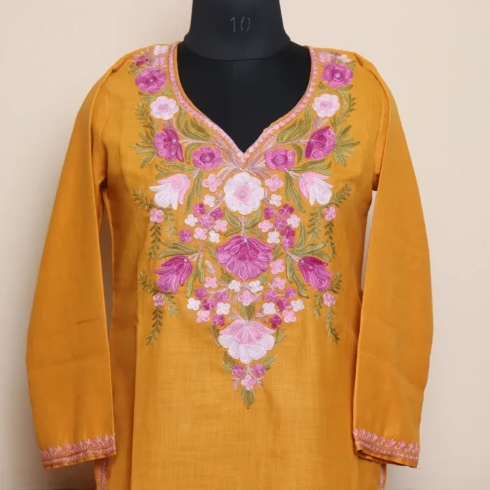 Adorable Mustard Long Kurti from Kashmir in Cotton with Aari Work | Pahalgam Collection