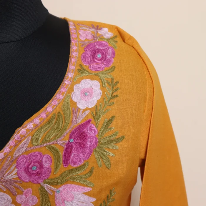 Adorable Mustard Long Kurti from Kashmir in Cotton with Aari Work | Pahalgam Collection - Image 3