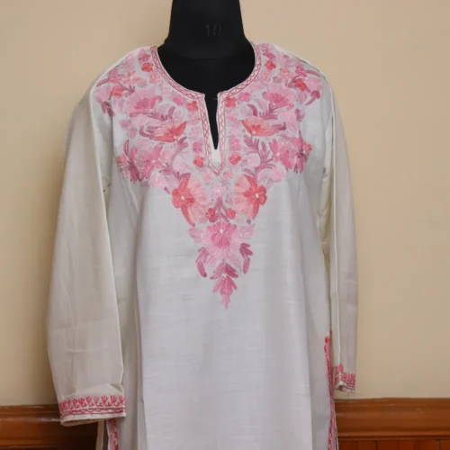 Elegent Long White Cotton Kurti - Aari Embroidered | Pahalgam Collection