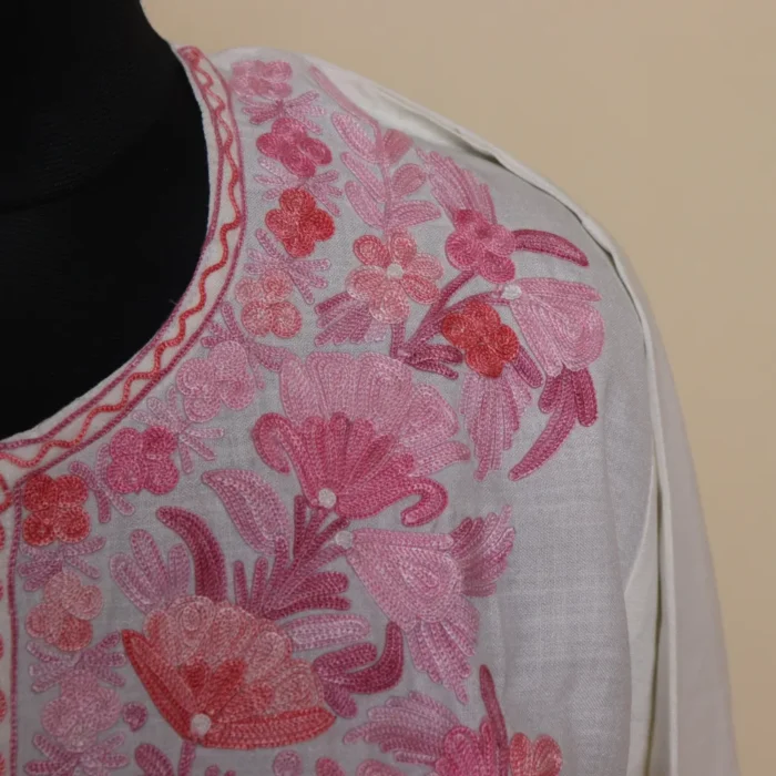 Elegent Long White Cotton Kurti - Aari Embroidered | Pahalgam Collection - Image 3