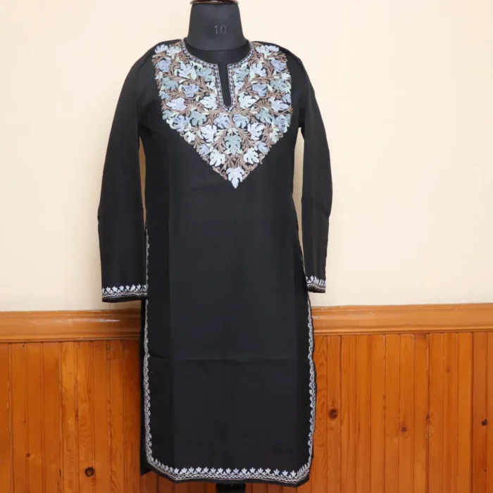 Kashmiri Beautiful Long Black Chinari Kurti in Cotton with Aari Embroidery | Pahalgam Collection - Image 2