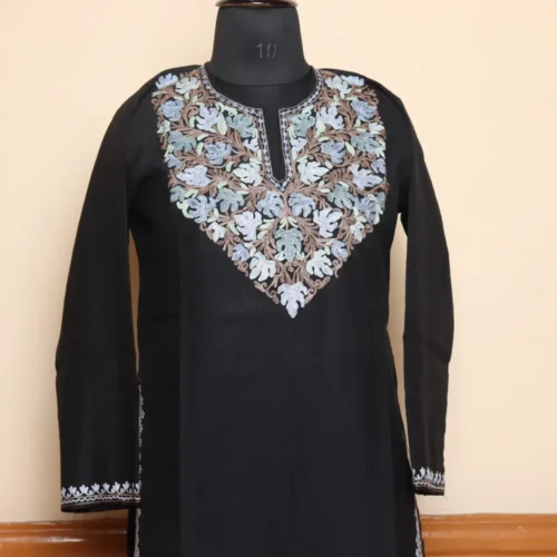 Kashmiri Beautiful Long Black Chinari Kurti in Cotton with Aari Embroidery | Pahalgam Collection