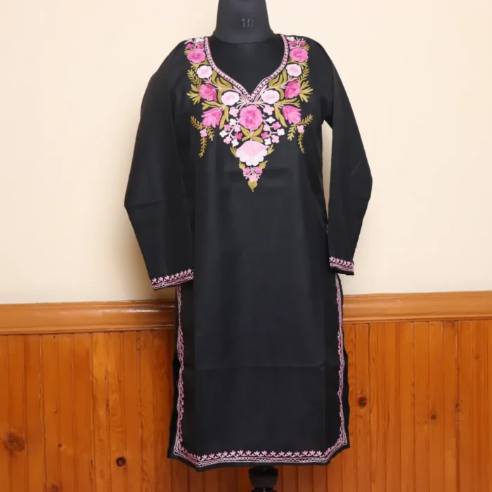 Kashmiri Black Long Aari Work Cotton Kurti | Pahalgam Collection - Image 3