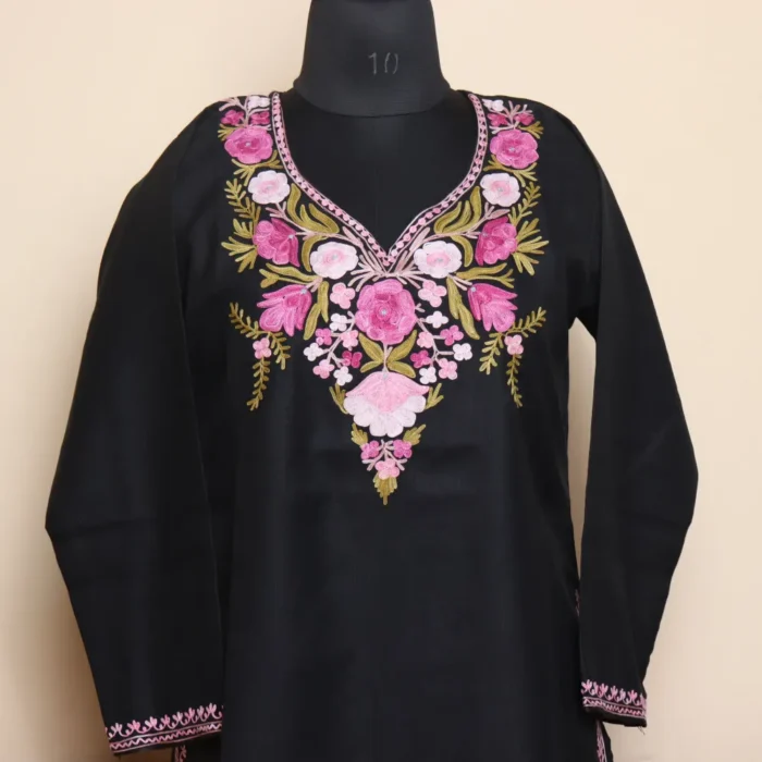 Kashmiri Black Long Aari Work Cotton Kurti | Pahalgam Collection