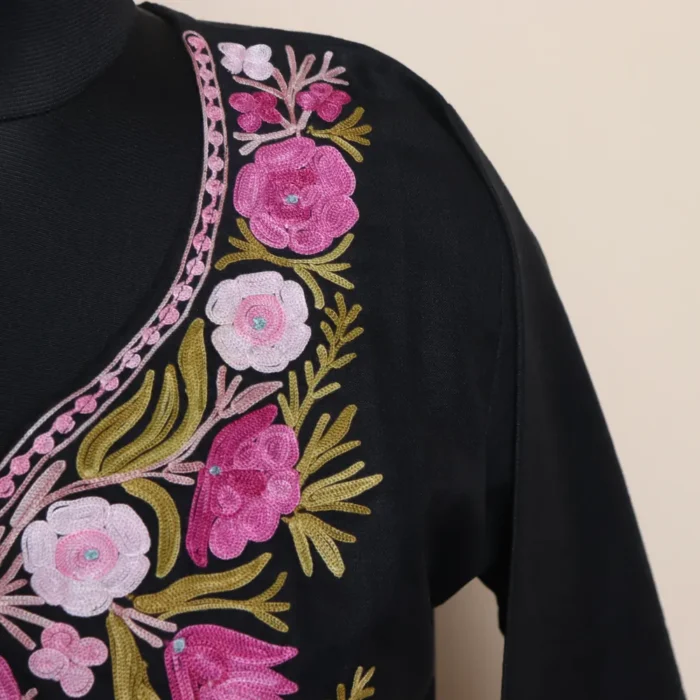 Kashmiri Black Long Aari Work Cotton Kurti | Pahalgam Collection - Image 2