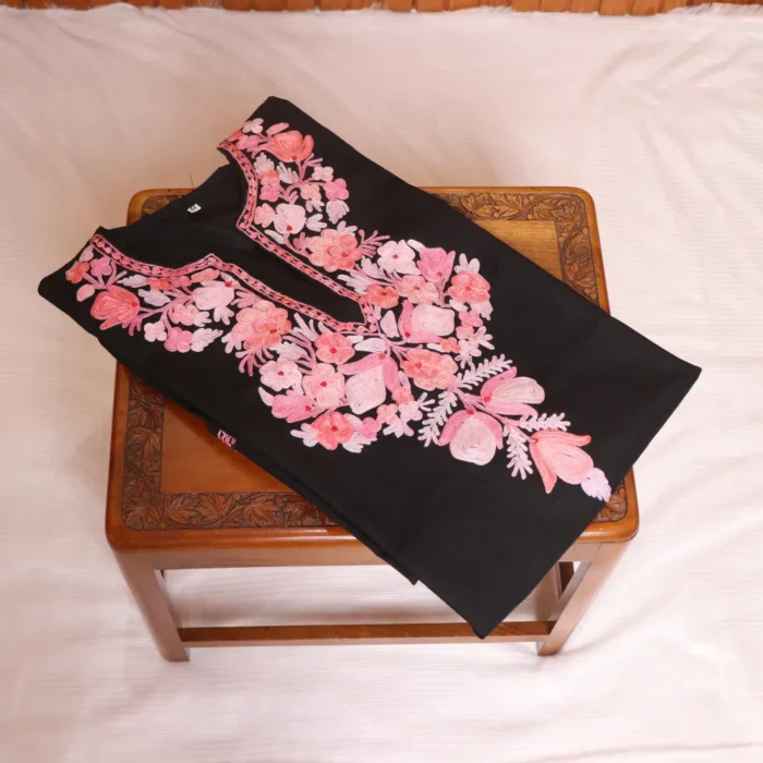 Kashmiri Black Aari Embroidered Short Ruby Cotton Kurti | Pahalgam Collection - Image 2