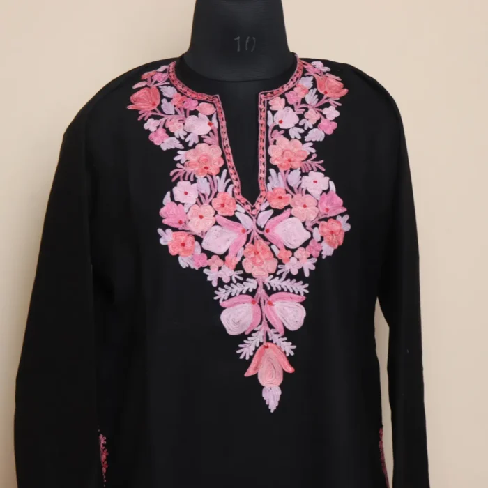 Kashmiri Black Aari Embroidered Short Ruby Cotton Kurti | Pahalgam Collection - Image 3