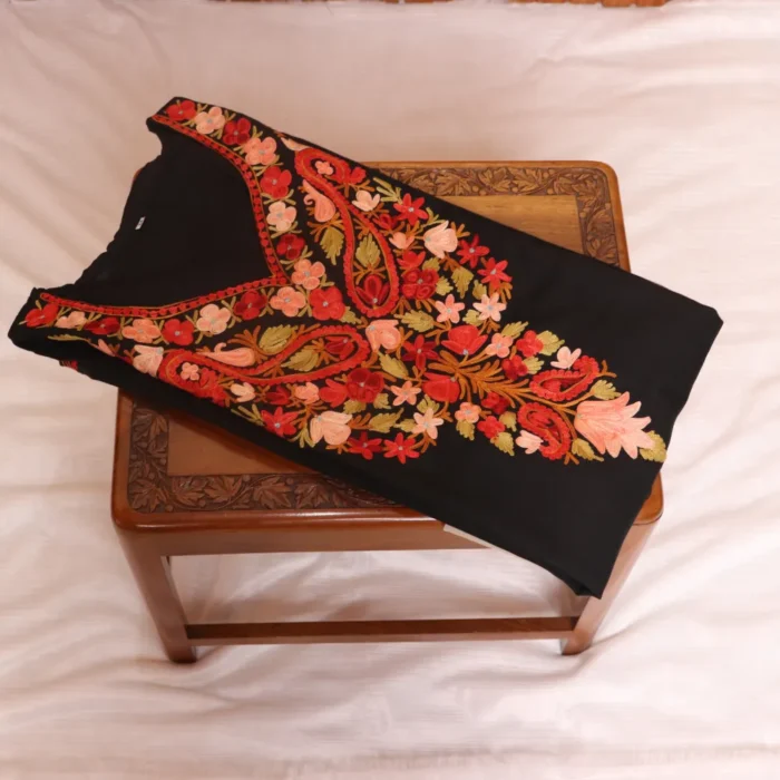 Aari Embroidered Black Long Cotton Kurti from Kashmir | Pahalgam Collection - Image 2
