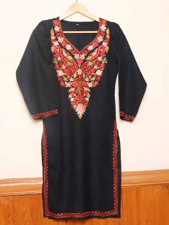 Aari Embroidered Black Long Cotton Kurti from Kashmir | Pahalgam Collection