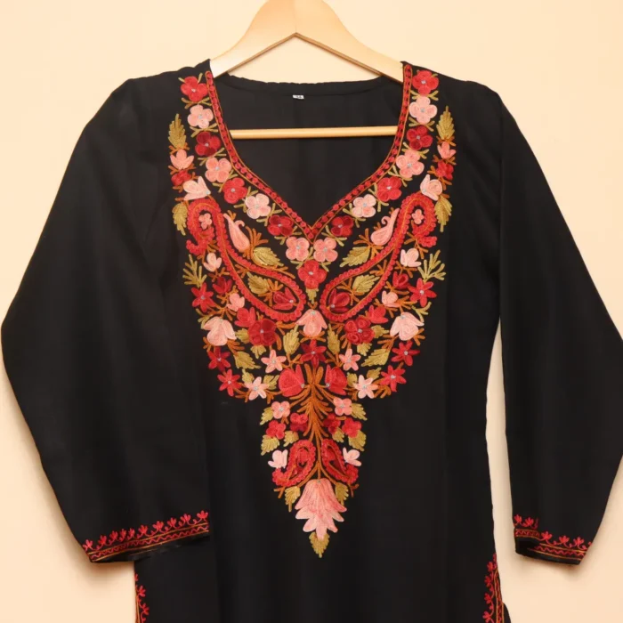 Aari Embroidered Black Long Cotton Kurti from Kashmir | Pahalgam Collection - Image 3