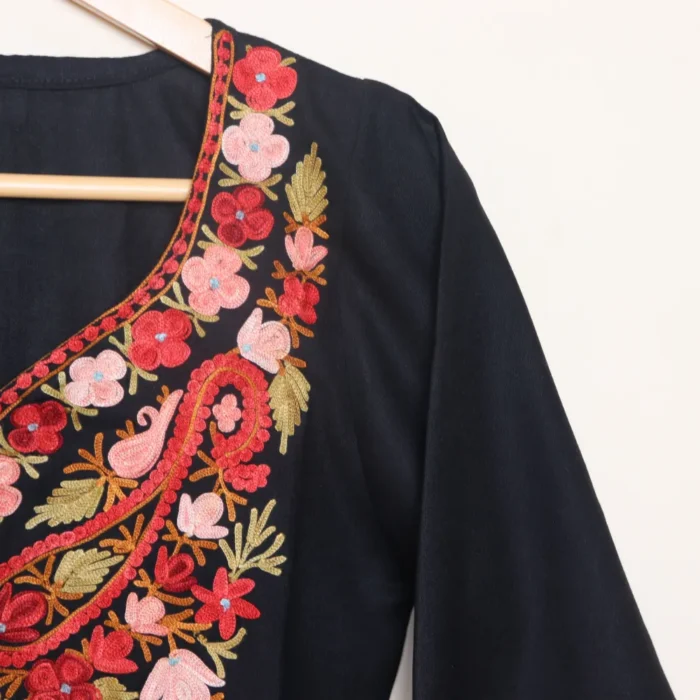 Aari Embroidered Black Long Cotton Kurti from Kashmir | Pahalgam Collection - Image 4