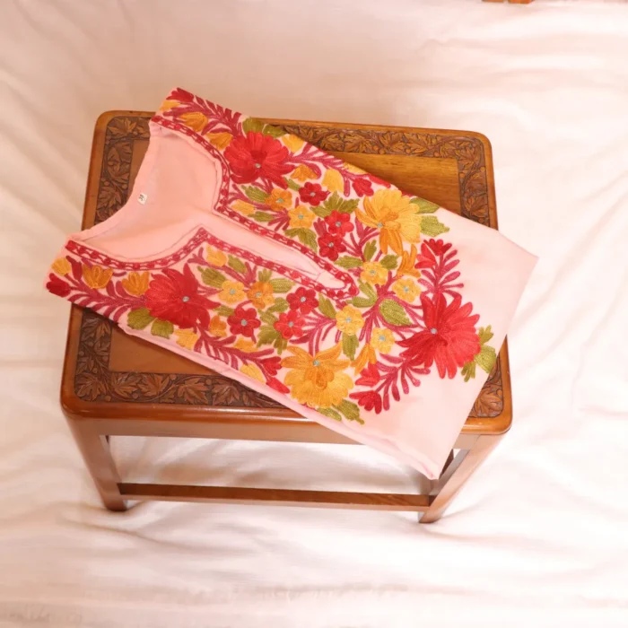 Kashmiri Long Pink Cotton Kurti with Golden Aari Work | Pahalgam Collection - Image 3