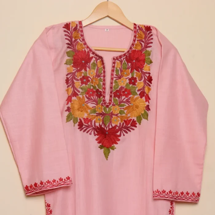 Kashmiri Long Pink Cotton Kurti with Golden Aari Work | Pahalgam Collection