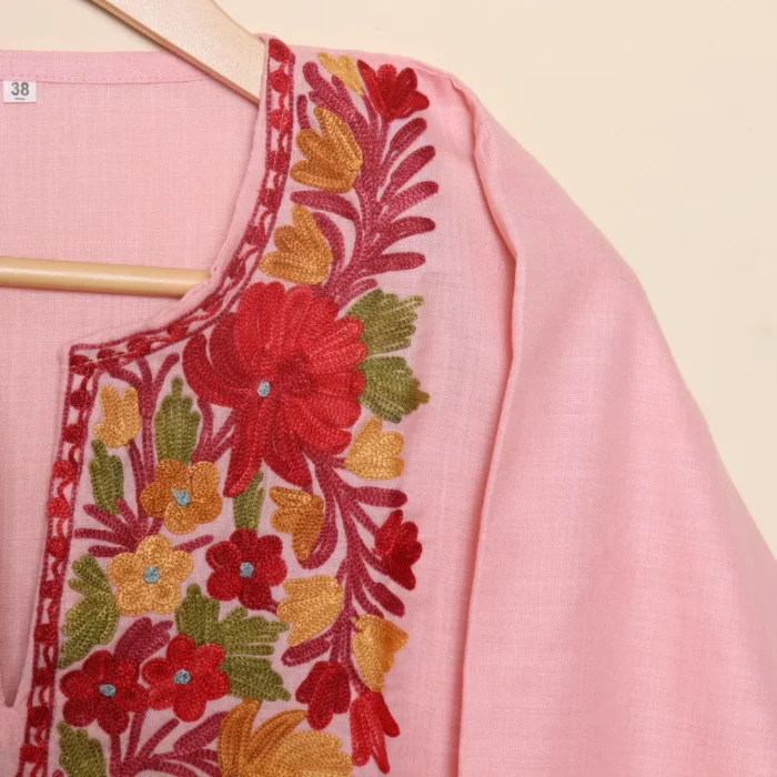 Kashmiri Long Pink Cotton Kurti with Golden Aari Work | Pahalgam Collection - Image 5