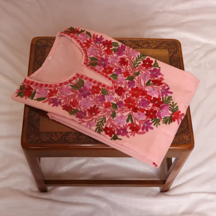Pink Long Ruby Cotton Kurti with Multicolor Aari Embroidery | Kashmir | Pahalgam Collection - Image 3