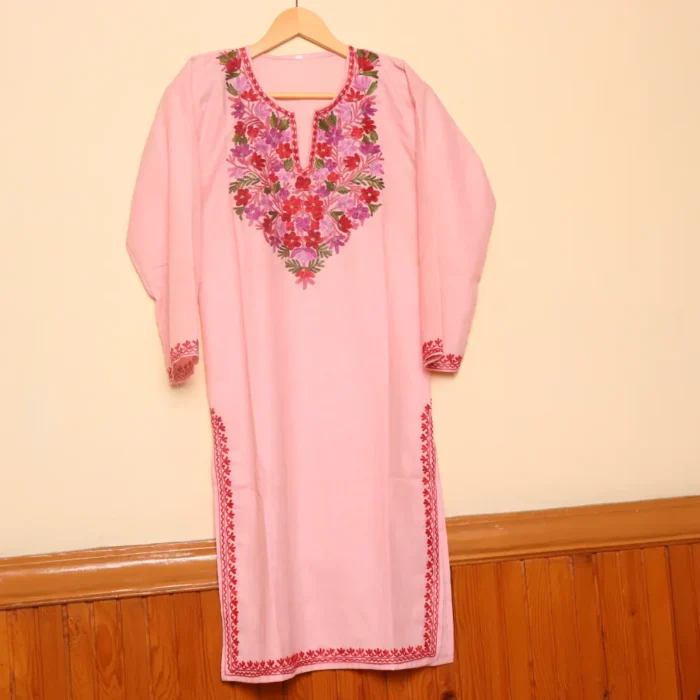 Pink Long Ruby Cotton Kurti with Multicolor Aari Embroidery | Kashmir | Pahalgam Collection - Image 2