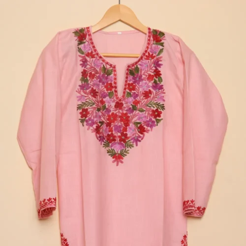 Pink Long Ruby Cotton Kurti with Multicolor Aari Embroidery | Kashmir | Pahalgam Collection