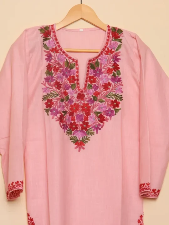 Pink Long Ruby Cotton Kurti with Multicolor Aari Embroidery | Kashmir | Pahalgam Collection
