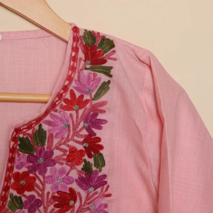 Pink Long Ruby Cotton Kurti with Multicolor Aari Embroidery | Kashmir | Pahalgam Collection - Image 4