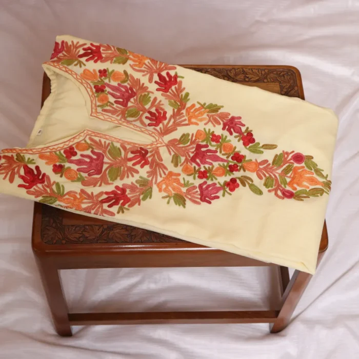 Kashmiri Pastel Yellow  Cotton Kurti with Chinari Aari Work | Pahalgam Collection - Image 2