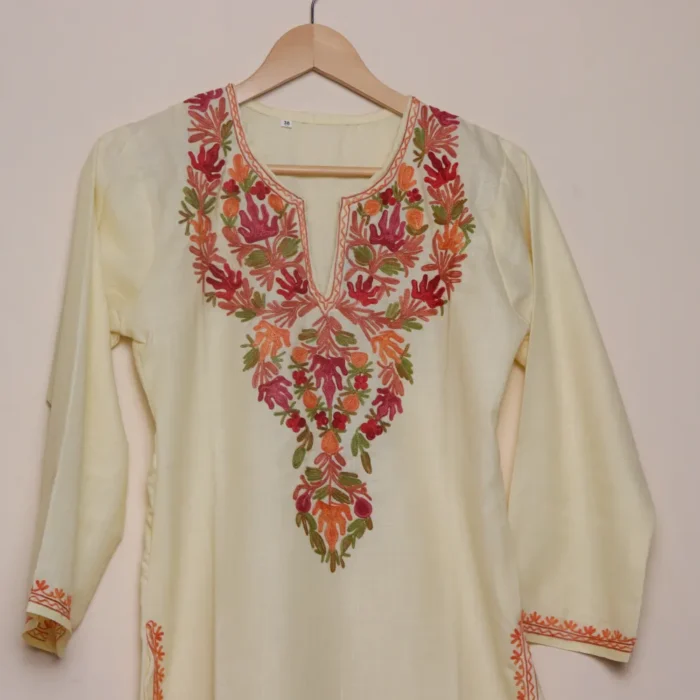 Kashmiri Pastel Yellow  Cotton Kurti with Chinari Aari Work | Pahalgam Collection - Image 3